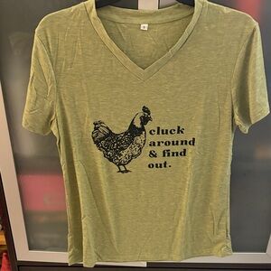 Green V-Neck T-Shirt with Chicken Graphic